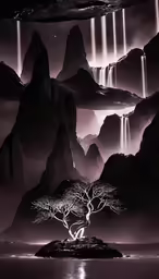black and white photo of a waterfall scene with trees