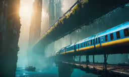a train that is next to a tree on a bridge,the train is going down the tracks as a boat passes on the water