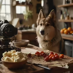 a dog looking at his camera with food on a counter
