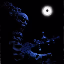 a skeleton figure with dark makeup plays on an electric guitar at night