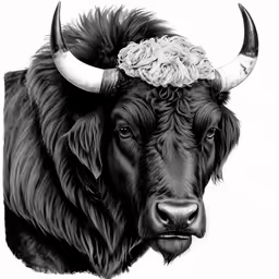 a drawing of a bull with large horns