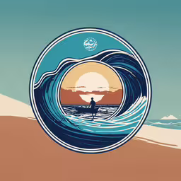 an abstract poster of a surfer riding a large wave,the sun is setting behind an orange and blue ocean wave