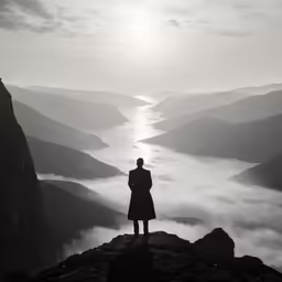 a person standing on top of a hill overlooking the fog