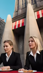two beautiful young women in business suits sitting at a table