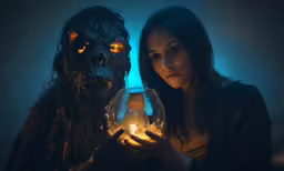 the woman holding a glass orb is next to a demonic looking creature