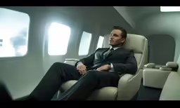 man in suite sitting on an airplane with empty seat and two windows