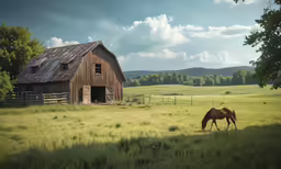 an old barn is seen in the distance with a horse grazing in the foreground