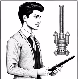 a person holding a gun and in a drawing by the camera