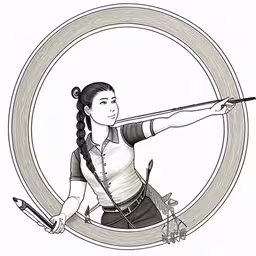 a woman is aiming her target from the bow,a woman aiming an arrow with a bow in the middle,a pencil drawing of a young girl shooting bow,drawing of a girl holding an arrow in her left hand and pointing it upwards,a woman aiming with an arrow and bow