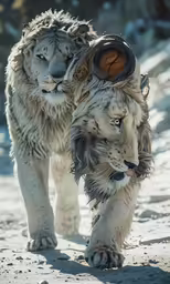two white lions wearing goggles walking on snow covered ground