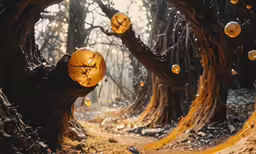 a bunch of lanterns that are hanging from trees