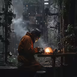a person sitting at a table working on something