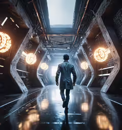 the man is walking through the large space,a man walking through a tunnel that has several lights