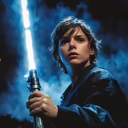 a young star wars character holding the lightsabe