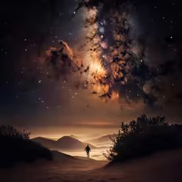 the night sky is filled with bright stars and a man walking on a dirt path in front of the clouds