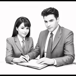 a man and woman are sitting at a table in suits