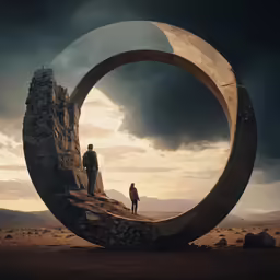 two men standing in front of an outdoor sculpture