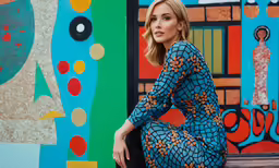 a woman sits on a colorful wall wearing bright shoes