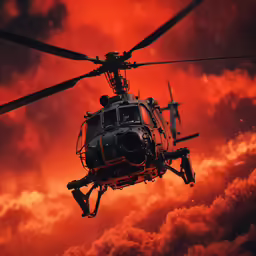 a black helicopter in the sky with a red cloud