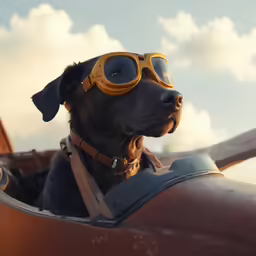 a black dog with goggles and a seat in a cockpit