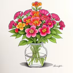 a vase full of pink and orange flowers,an ink drawing of colorful flowers in a glass vase,a painting of pink and orange flowers in a vase,a vase with water and flowers in it,a picture of some flowers in a vase