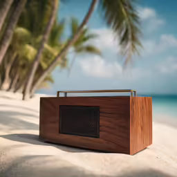 a wooden speaker sitting on top of a sandy beach