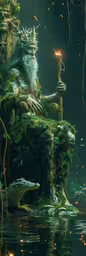 a man on a rock in the water,an animated troll holding a torch sitting on top of water