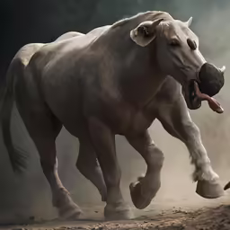 a giant white dog runs in the dirt with its tongue out