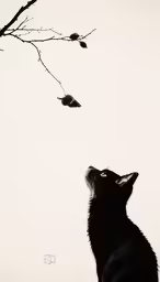 a black cat sitting in front of a tree branch