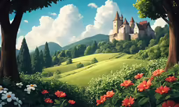 an artist rendering of a castle on the hill
