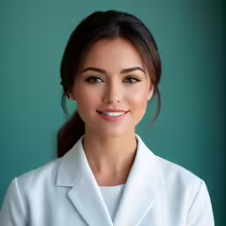 the woman is wearing a white coat and smiling