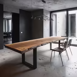 the dining table is made out of two sets of black steel legs