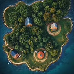 an island with three cabins in the middle of it