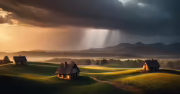 the sun is shining down on a rural countryside