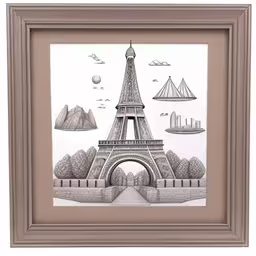 a drawing of a city, including the eiffel tower and the bridge