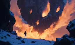 the silhouette is of a person standing on a snowy slope next to a towering structure