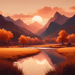 this is a painting of a sunset in mountains and a river,a painting with the image of mountains and the sun reflecting in the water