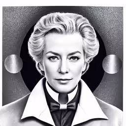 a black and white photo of a woman wearing a jacket and tie