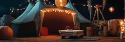 a tent is covered in holiday lights, pumpkins and blankets