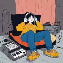 woman sitting on sofa listening to music,a girl listening to music sitting in front of some speakers
