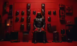 a strange looking costume sits in a dark room