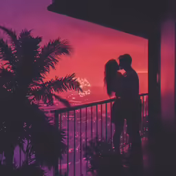 man and woman embracing while standing near railing
