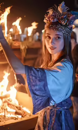 a girl in a costume holding torches in front of a fire