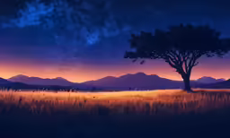 a painting of an evening sky with mountains in the distance