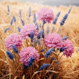 pink and blue flowers on the end of a stalk in front of a field