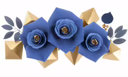 three blue paper flowers with gold stems and leafy stems