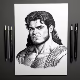 the young man in the roman style pencil drawing on paper