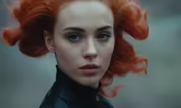 a woman with orange hair and wearing a black leather jacket