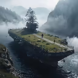 an island in the middle of a lake covered in mist