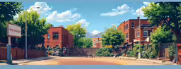 an empty street is shown with lots of buildings
